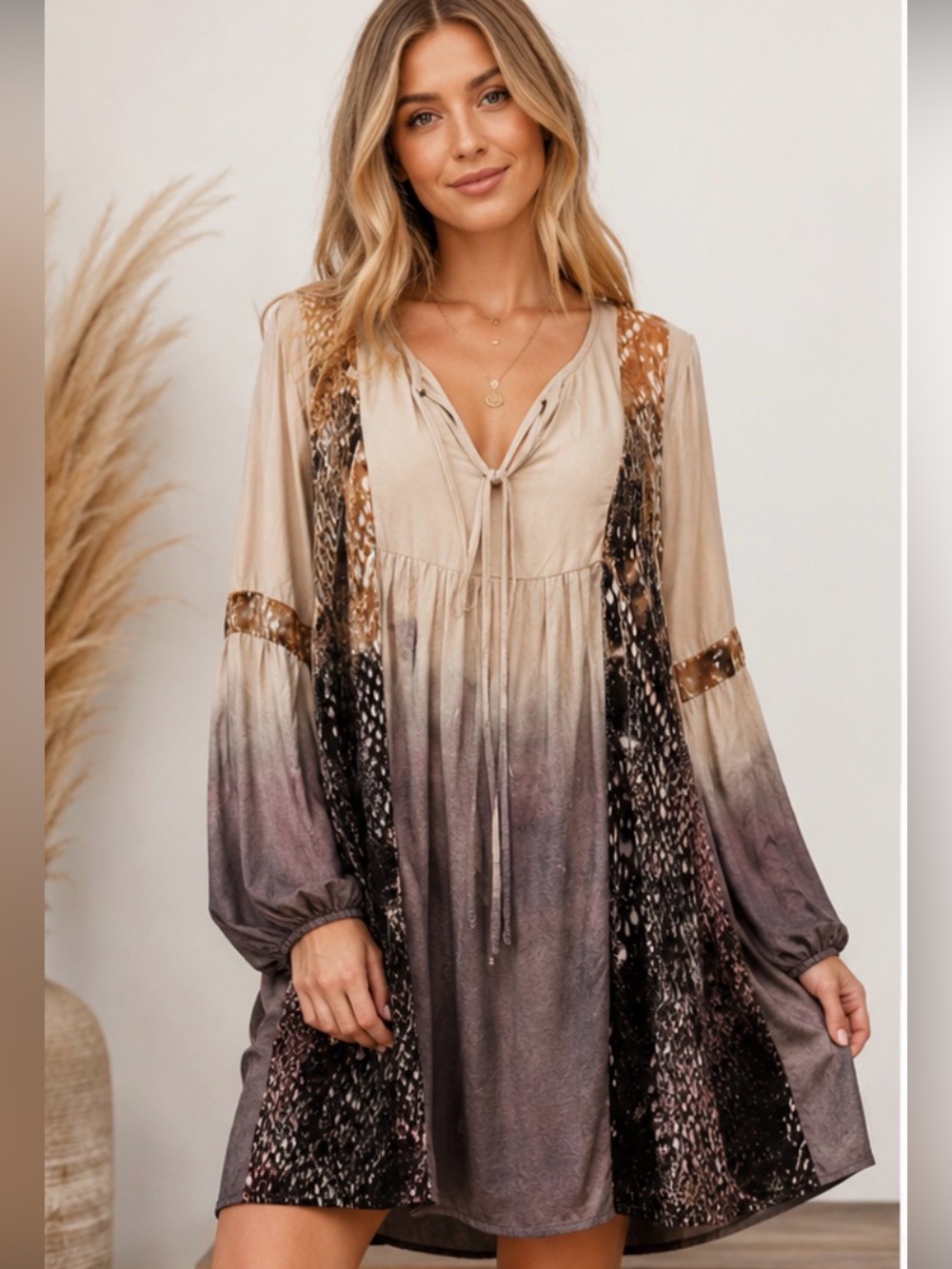 Boho Tie-Front‎ Tunic Dress in Cream, Brown & Purple - Picture 2 of 8
